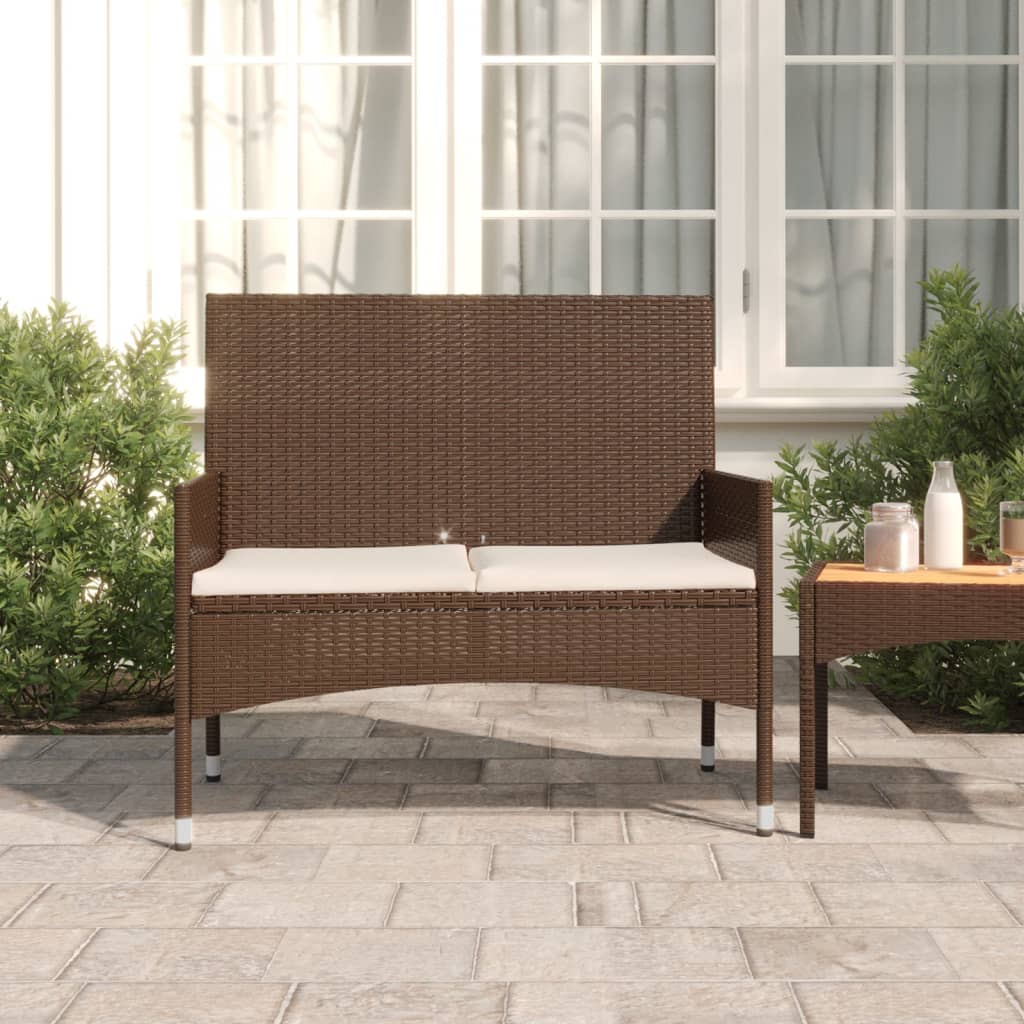 Garden bench 2-seater with cushion brown poly rattan
