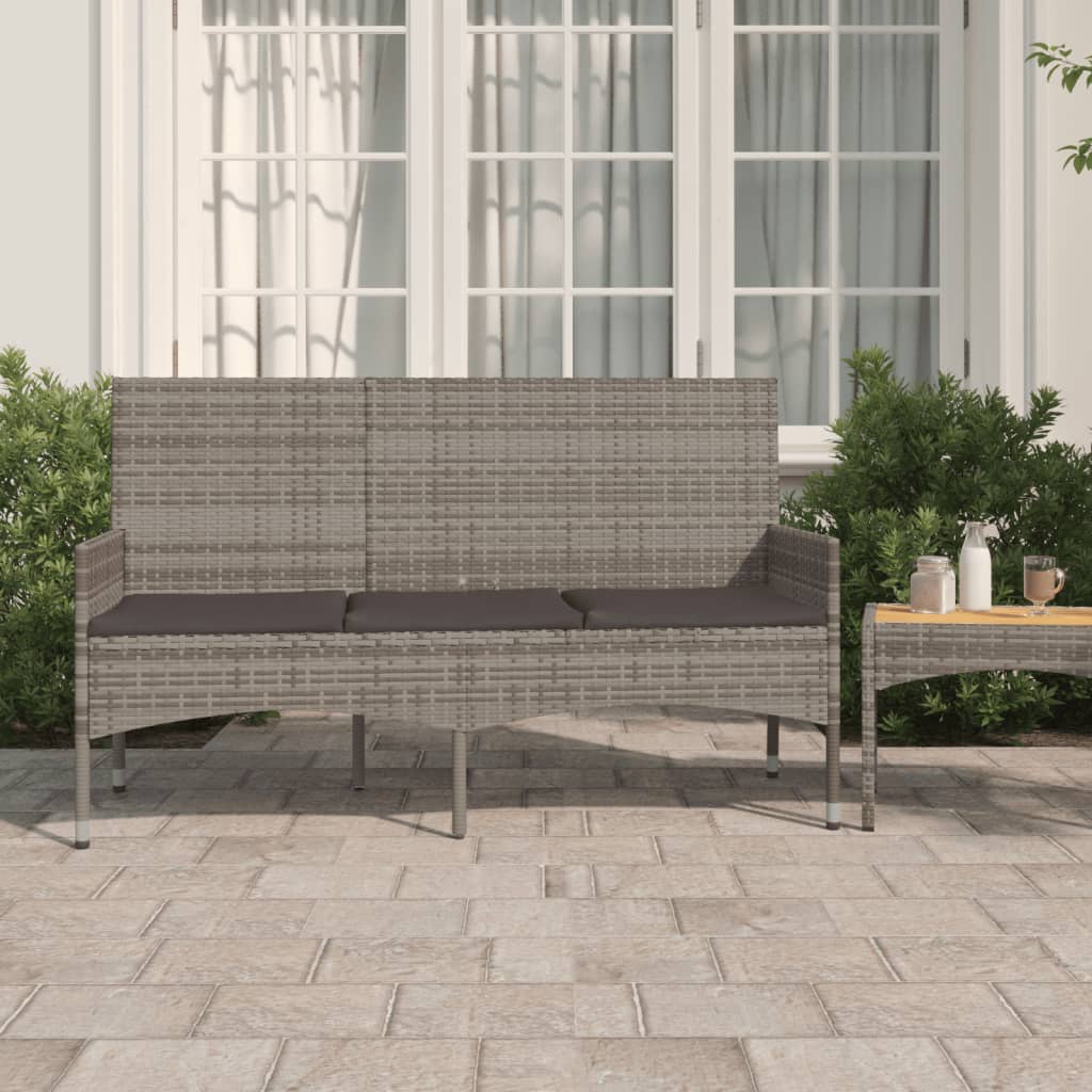 3-seater garden bench with cushions gray poly rattan