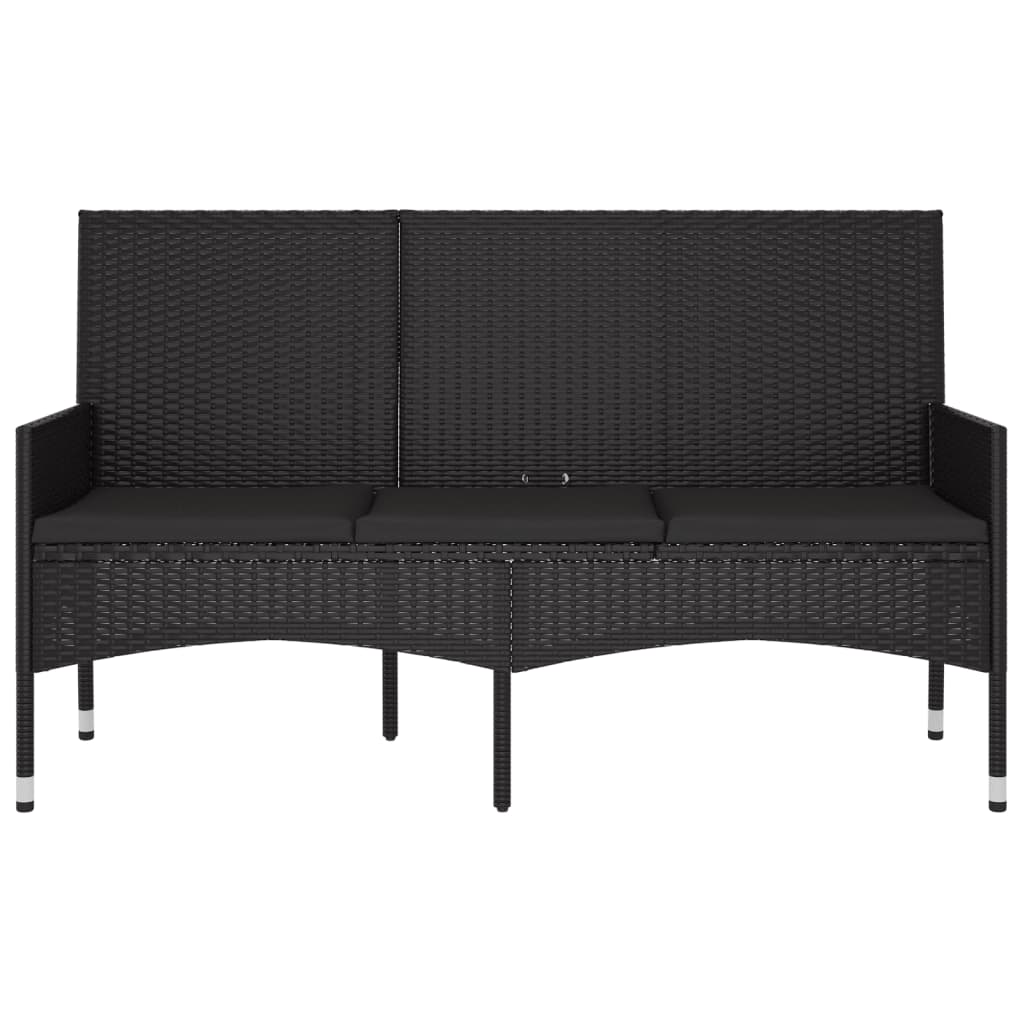 3-seater garden bench with cushions black poly rattan