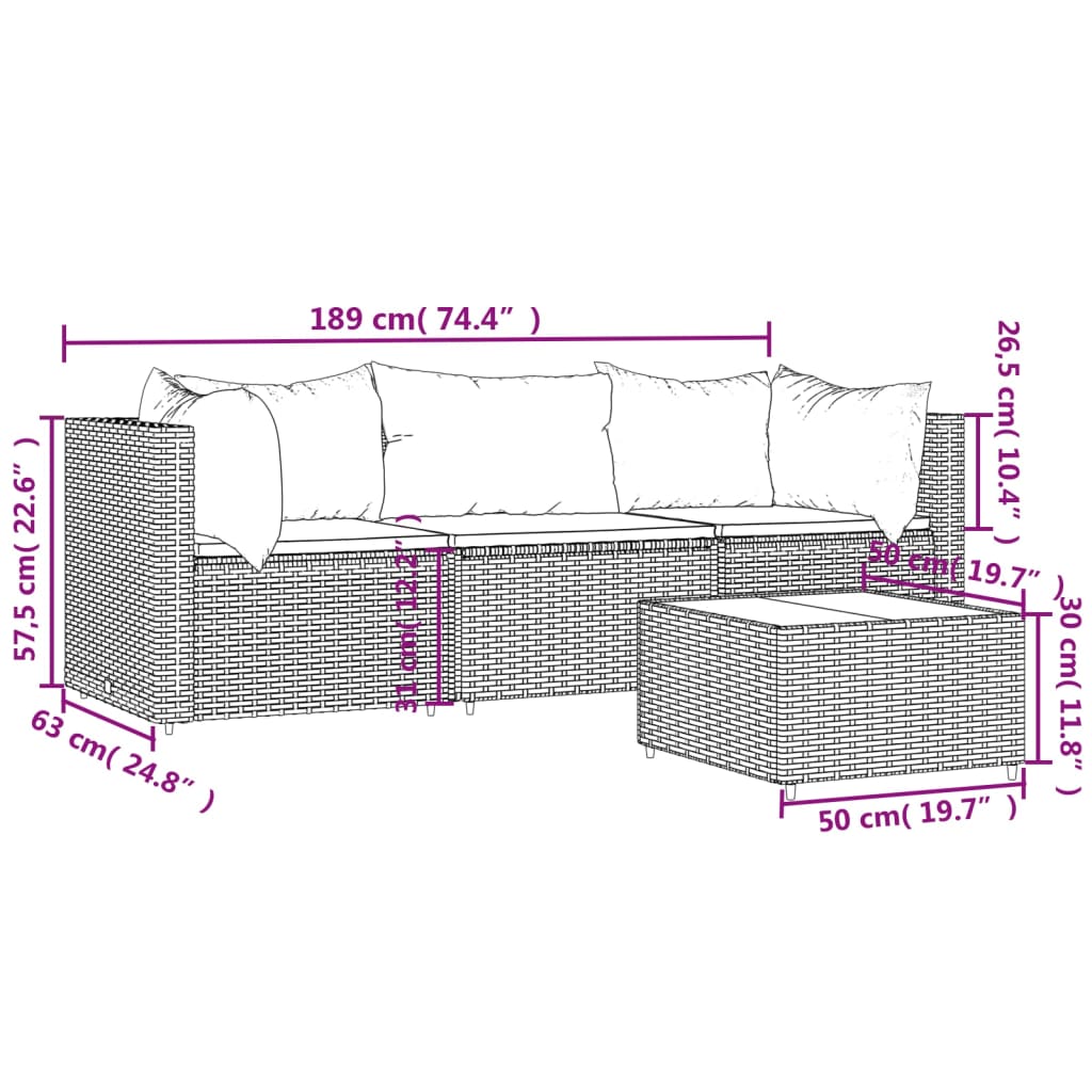4 pcs. Garden lounge set with cushions brown poly rattan