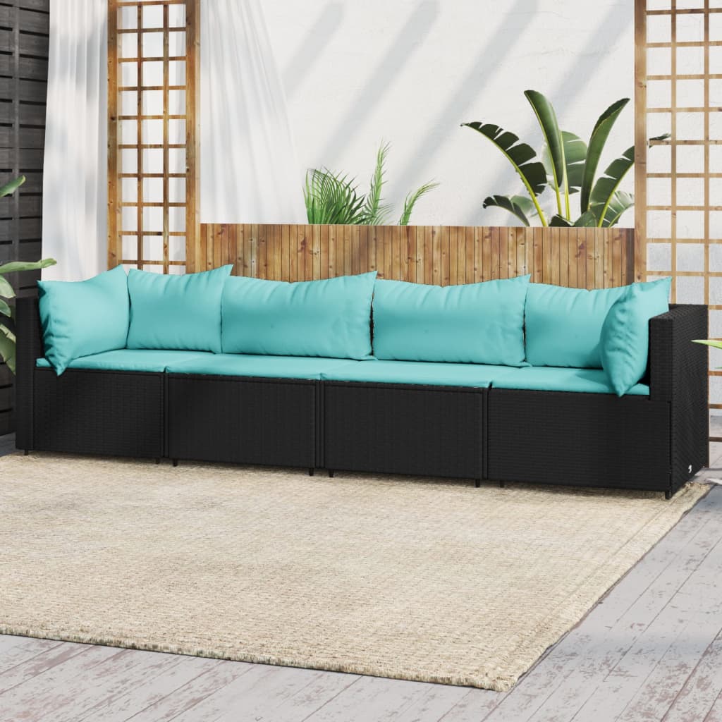 4 pcs. Garden Lounge Set with Cushions Black Poly Rattan