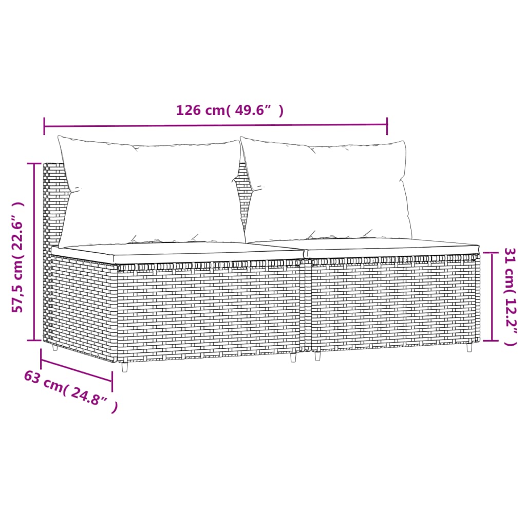 Garten-Mittelsofas mit Kissen 2 Stk. Schwarz Poly Rattan