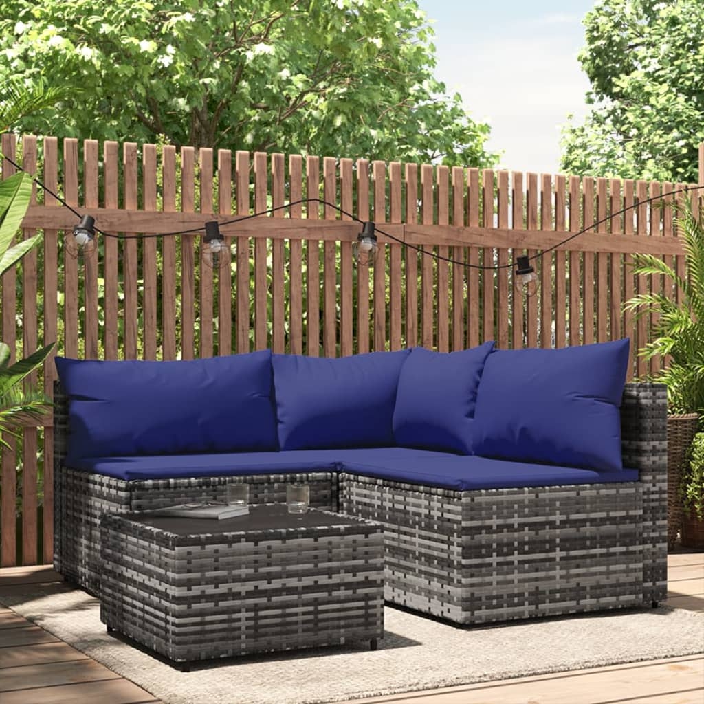 4 pcs. Garden Lounge Set with Cushions Gray Poly Rattan