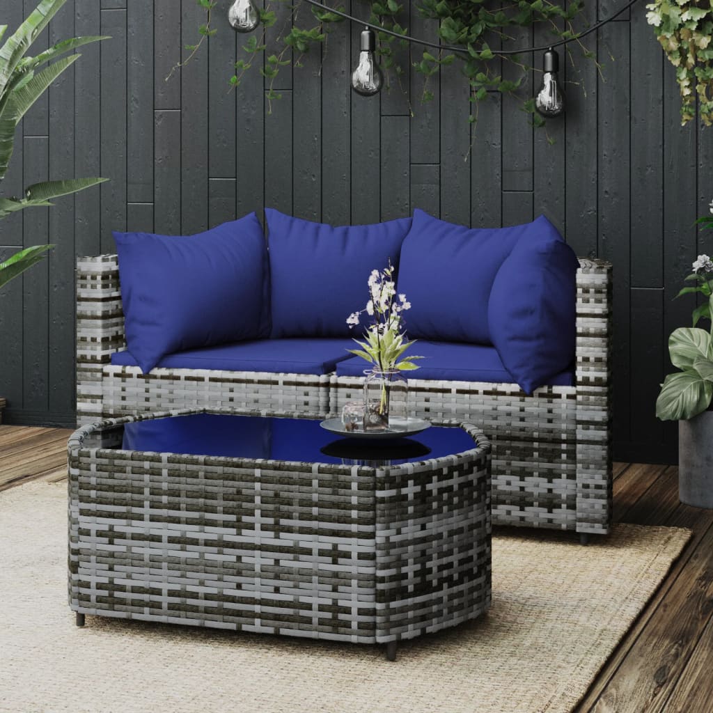 3 pcs. Garden Lounge Set with Cushions Gray Poly Rattan