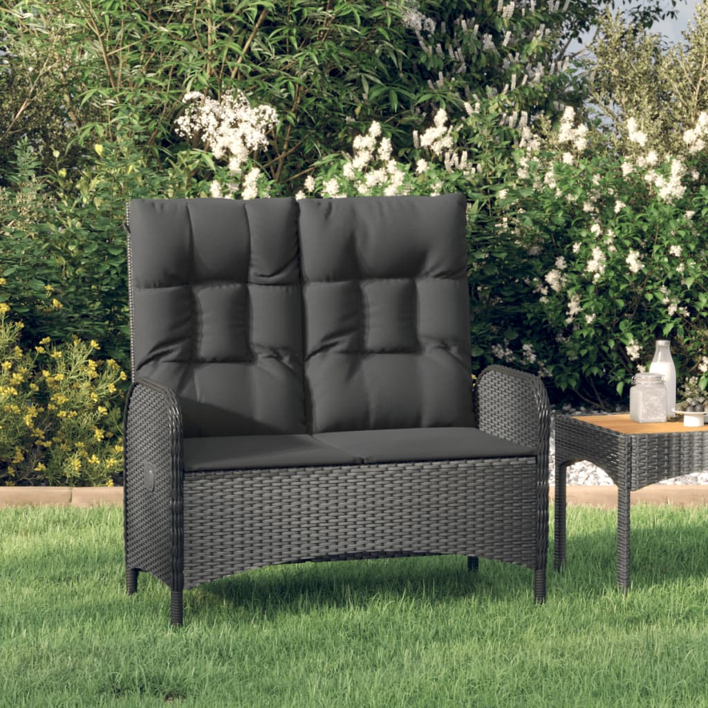Garden bench with reclining function &amp; cushion 107cm poly rattan black