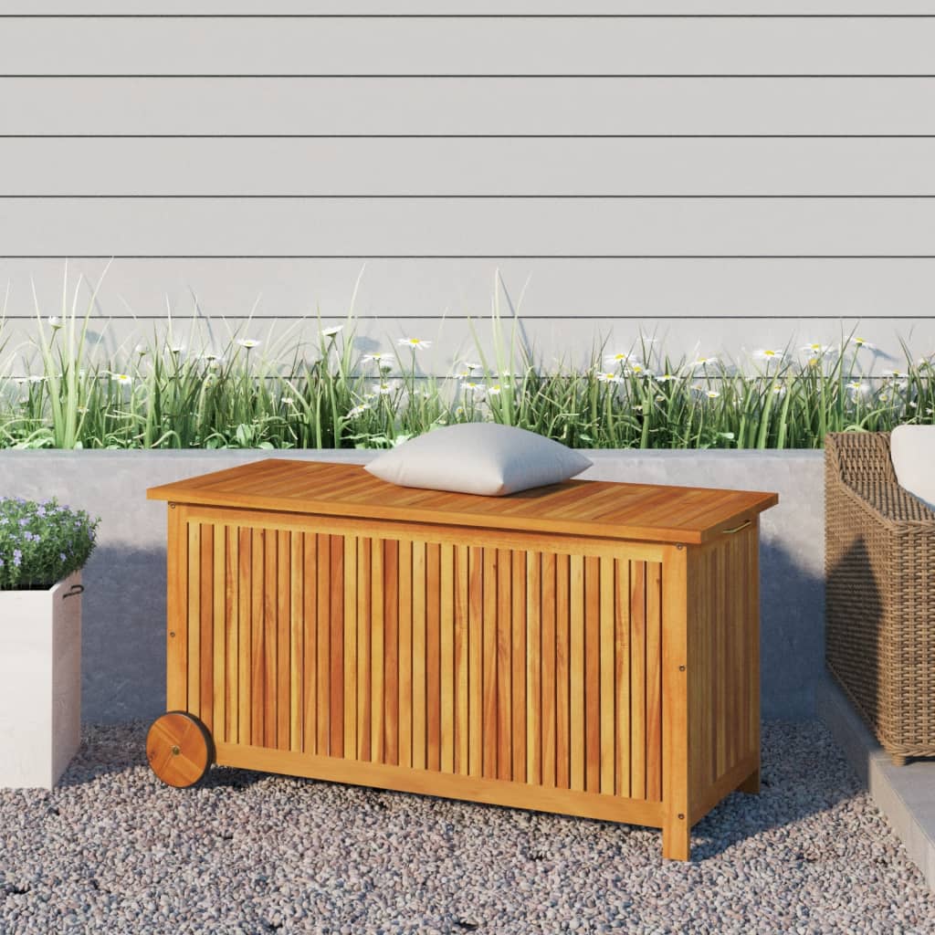 Garden chest with wheels 113x50x58 cm solid acacia wood