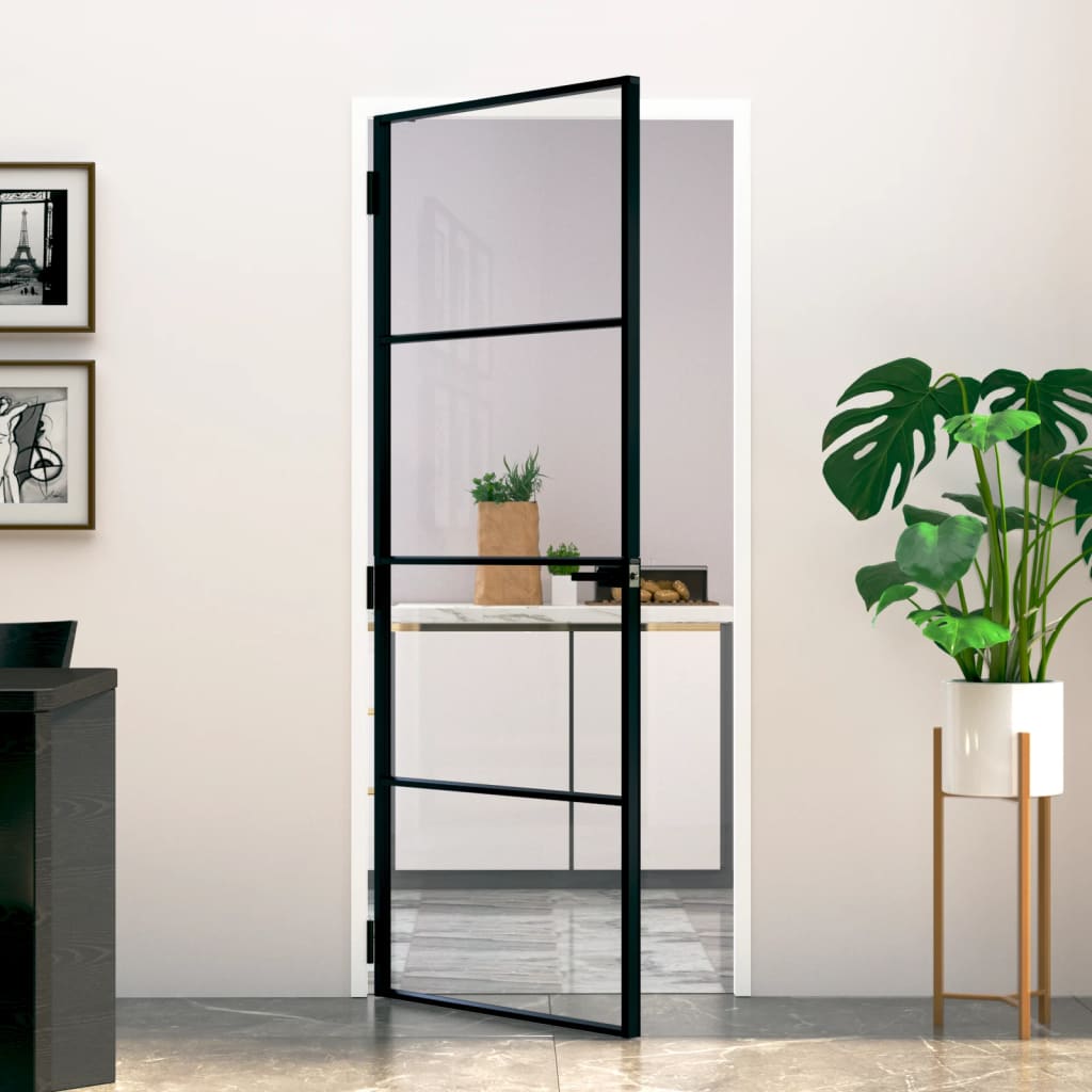 Interior door black 83x201.5 cm tempered glass &amp; aluminum slim