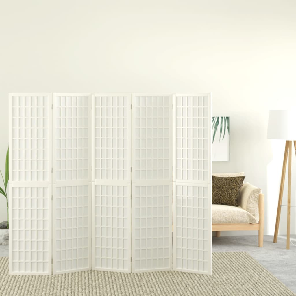 5-tlg. Paravent Japanischer Stil Faltbar 200x170 cm Weiß