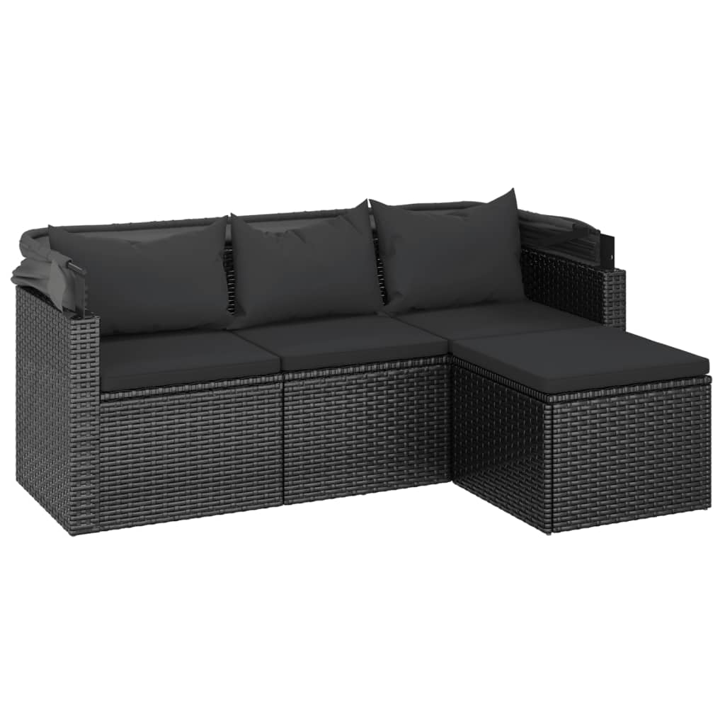 3 Seater Garden Sofa with Roof and Footstool Black Poly Rattan