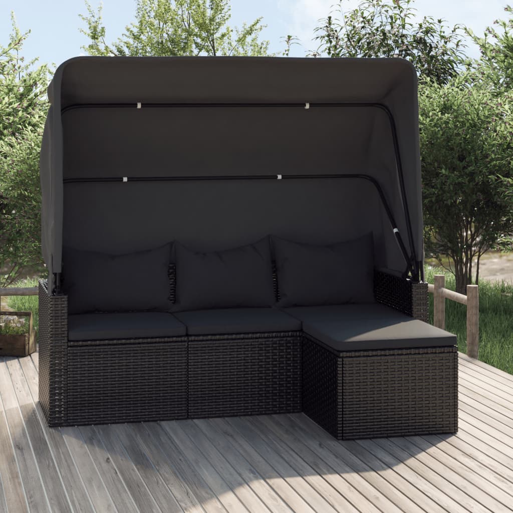 3 Seater Garden Sofa with Roof and Footstool Black Poly Rattan