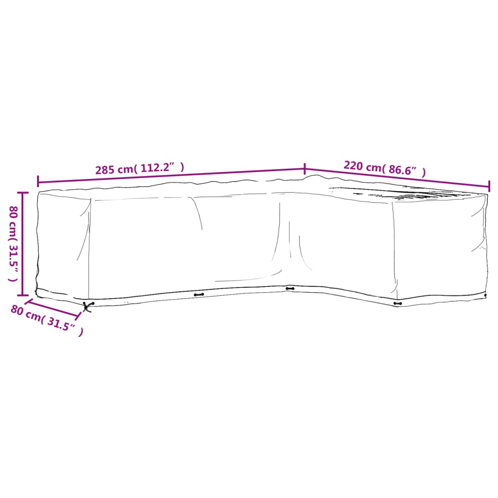 L-shaped garden furniture covers 2 pieces 18 eyelets 285x220x80 cm
