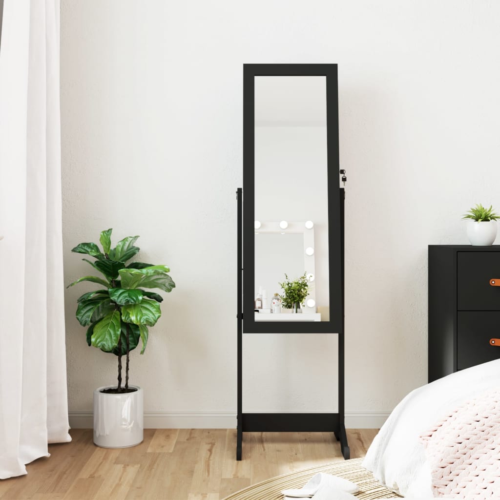 Jewelry Cabinet with Mirror &amp; LED Lighting Freestanding Black