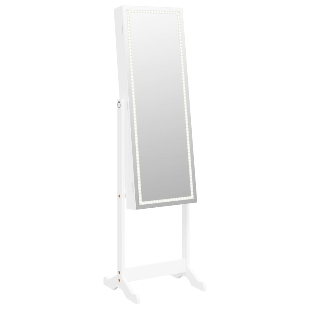 Jewelry cabinet with mirror &amp; LED lighting freestanding white
