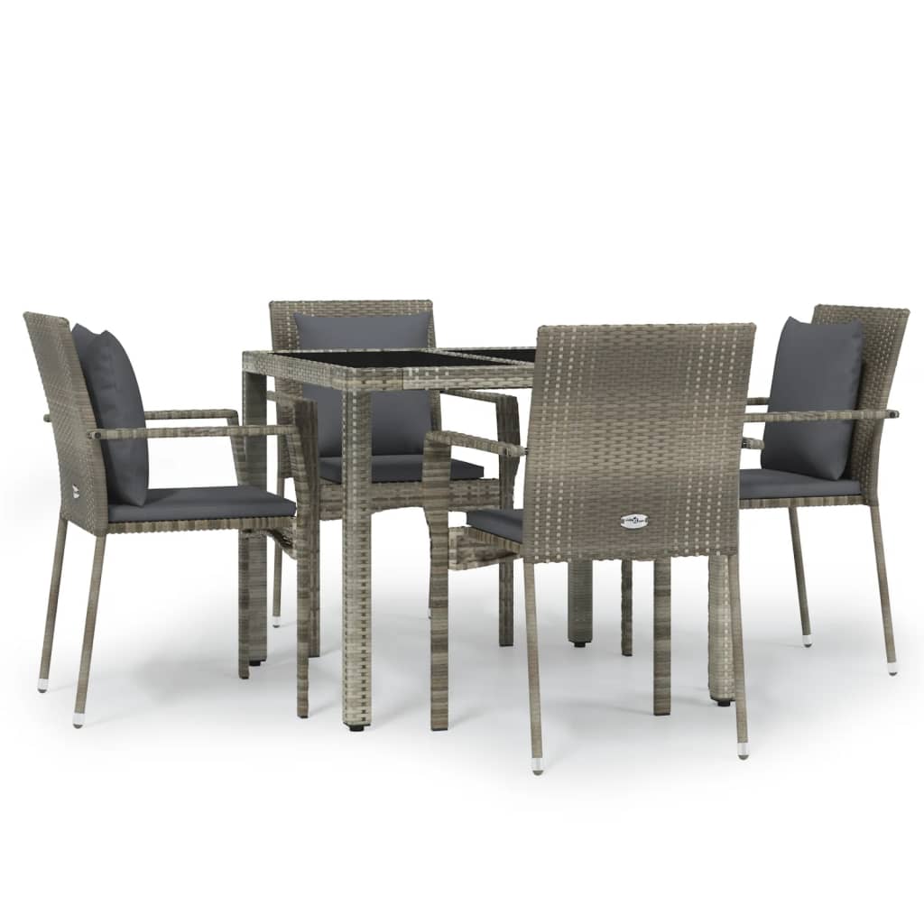 5 pcs. Garden Dining Set with Cushions Gray Poly Rattan