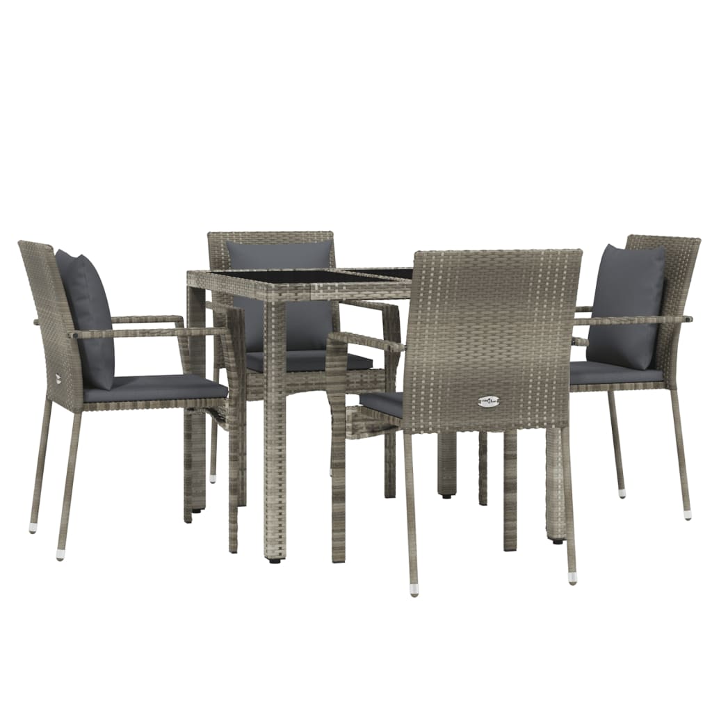 5 pcs. Garden Dining Set with Cushions Gray Poly Rattan