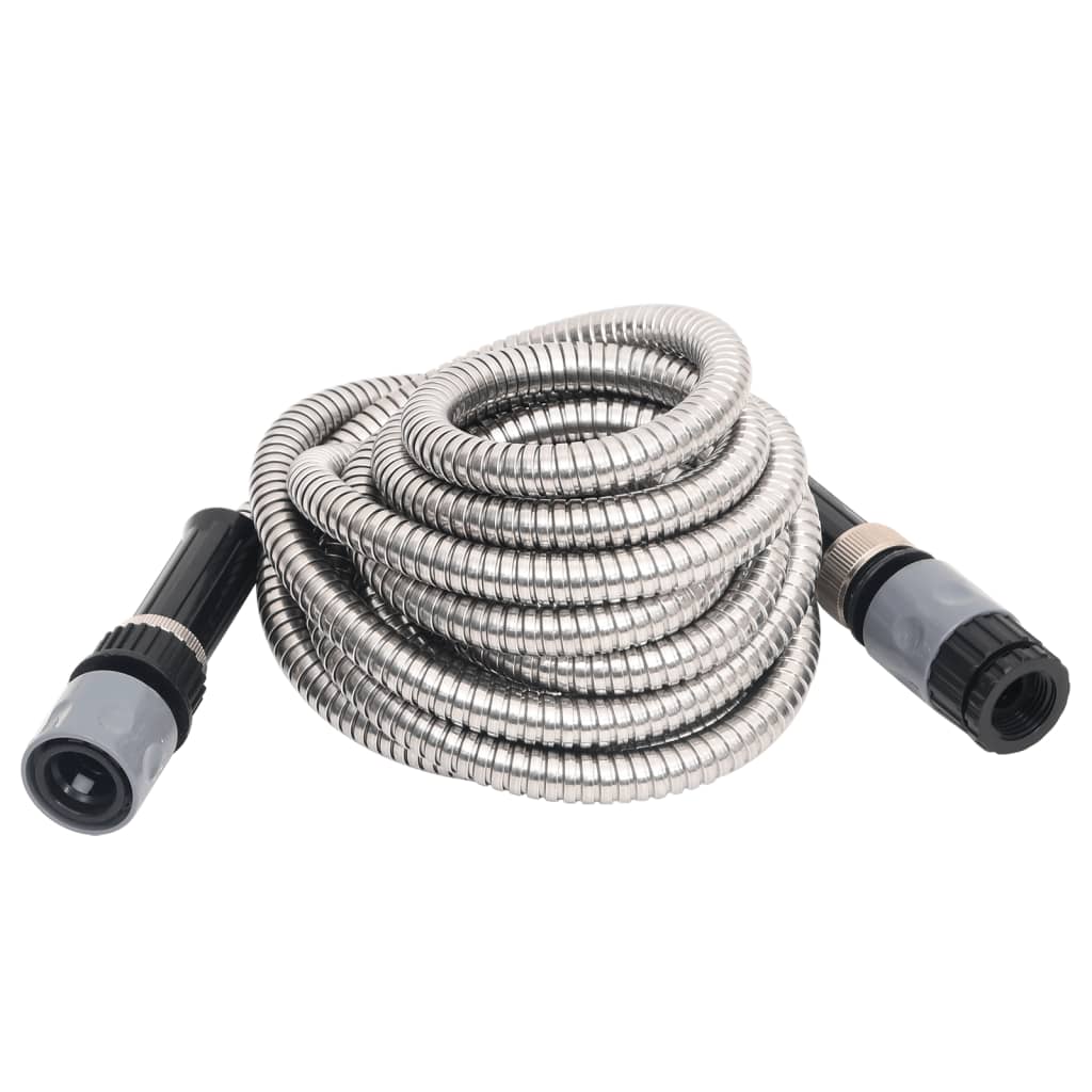 Garden hose with spray nozzle silver 7.5 m stainless steel
