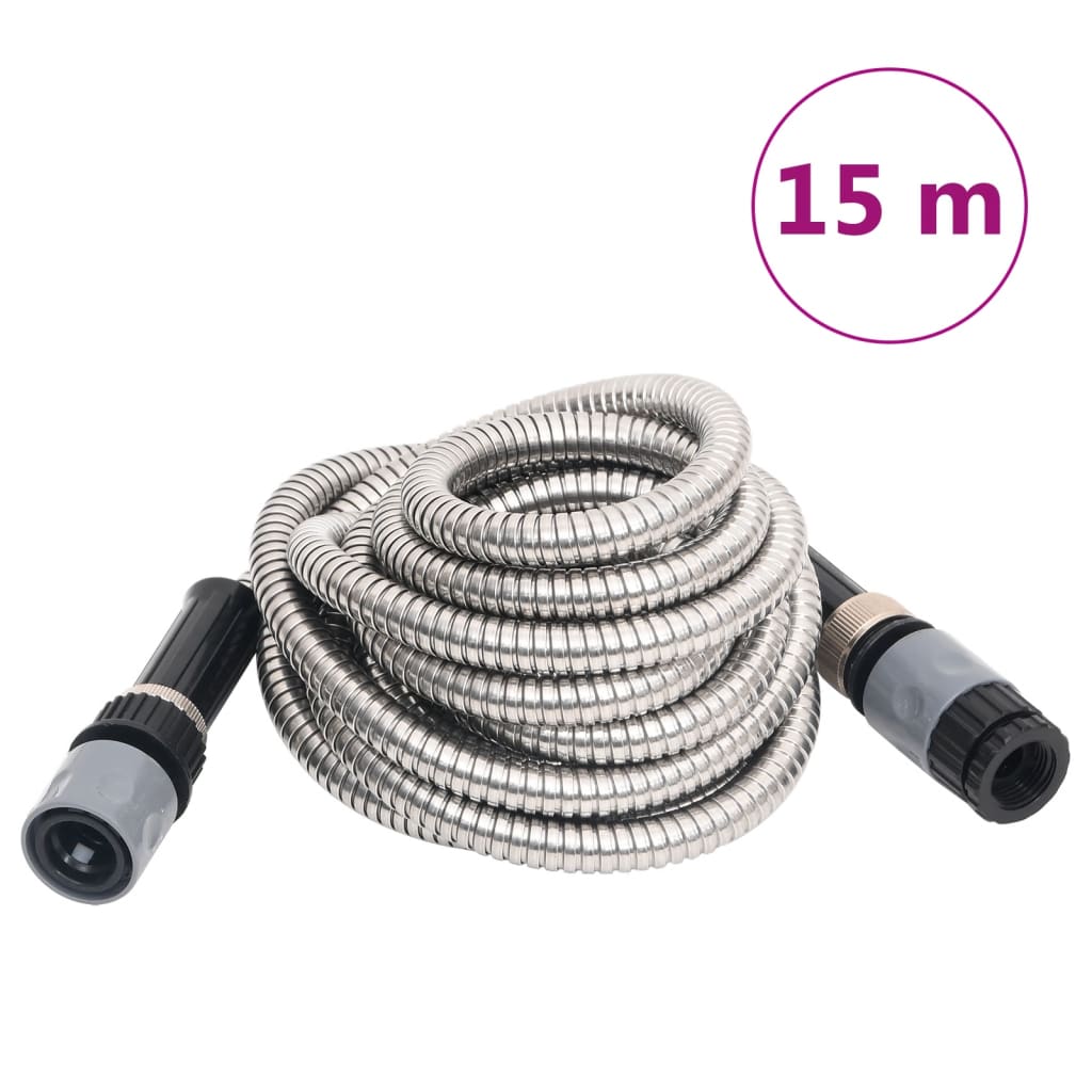 Garden hose with spray nozzle silver 15 m stainless steel
