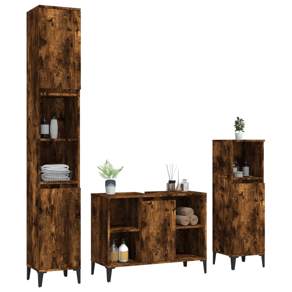 3 pcs. Bathroom furniture set made of smoked oak wood material