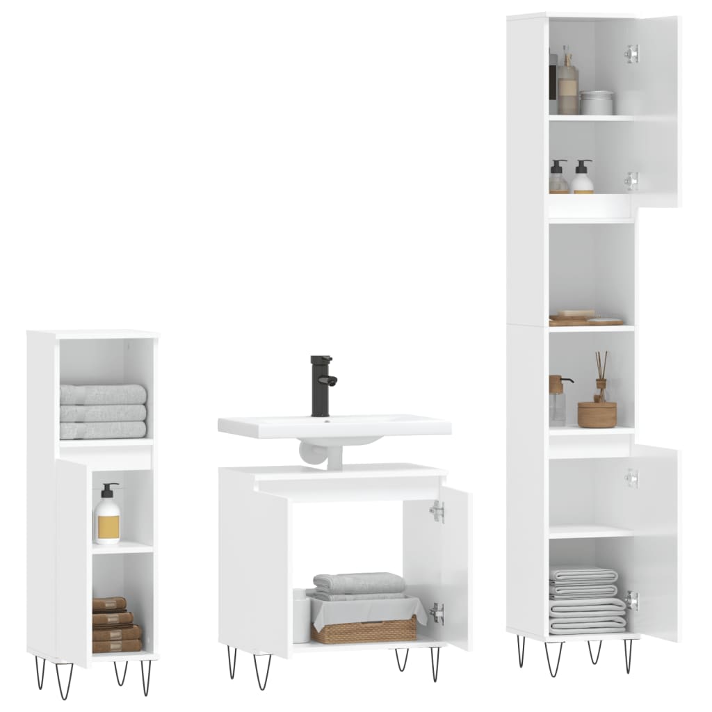 3 pcs. Bathroom furniture set high-gloss white wood material