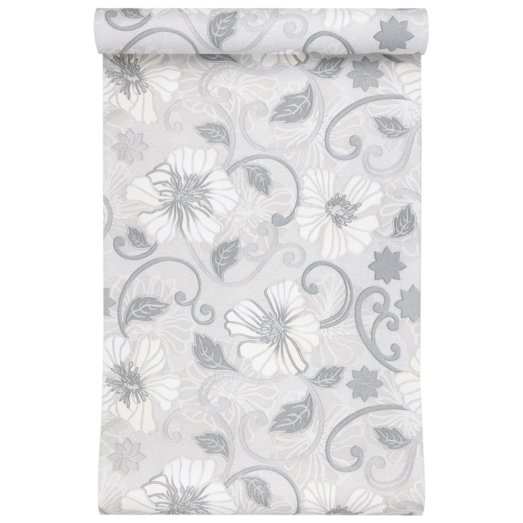 Wallpaper 3D floral pattern grey