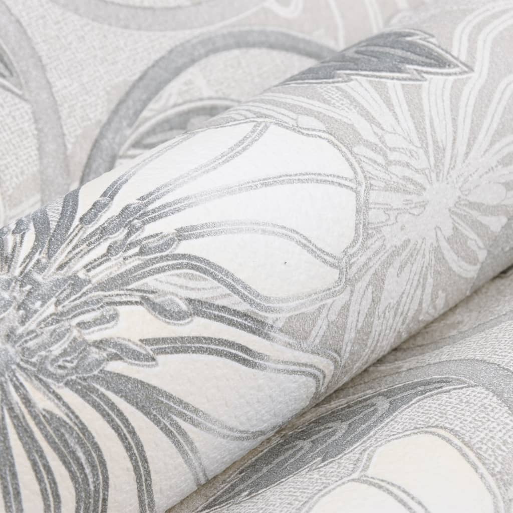 Wallpaper 3D floral pattern grey