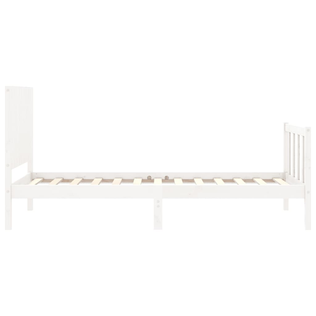 Solid wood bed with white headboard