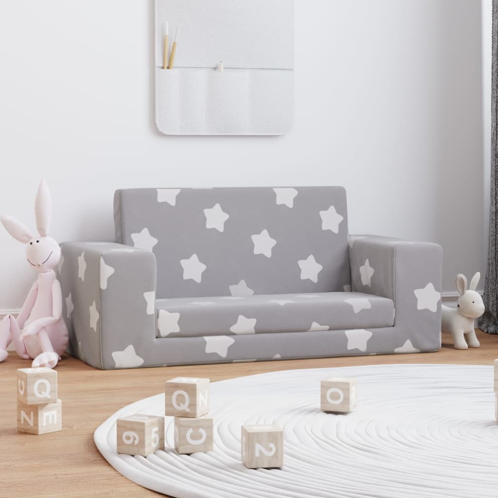 Children's sofa bed 2-seater light gray with stars soft plush