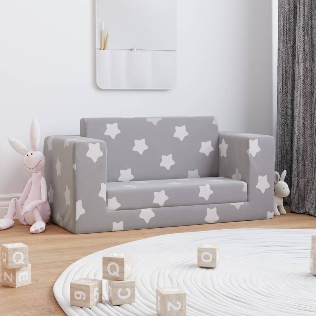 Children's sofa bed 2-seater light gray with stars soft plush