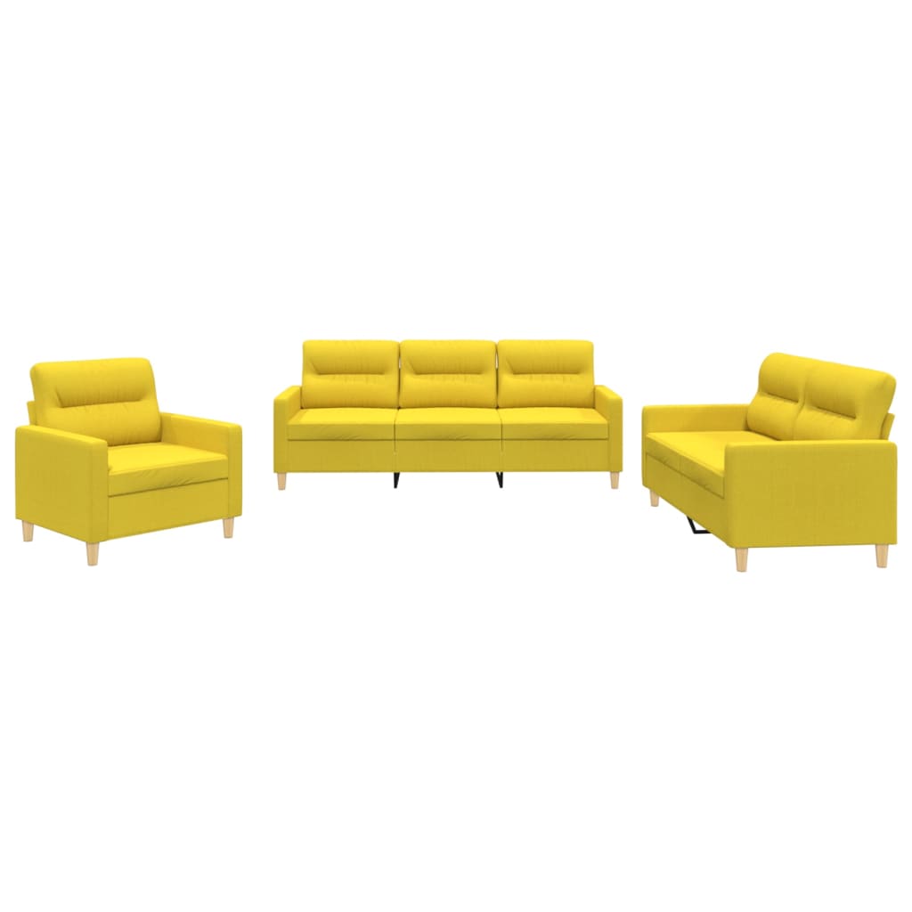 3 pcs. Sofa set with cushions in light yellow fabric