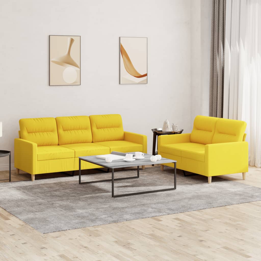 2 pcs. Sofa set with cushions in light yellow fabric