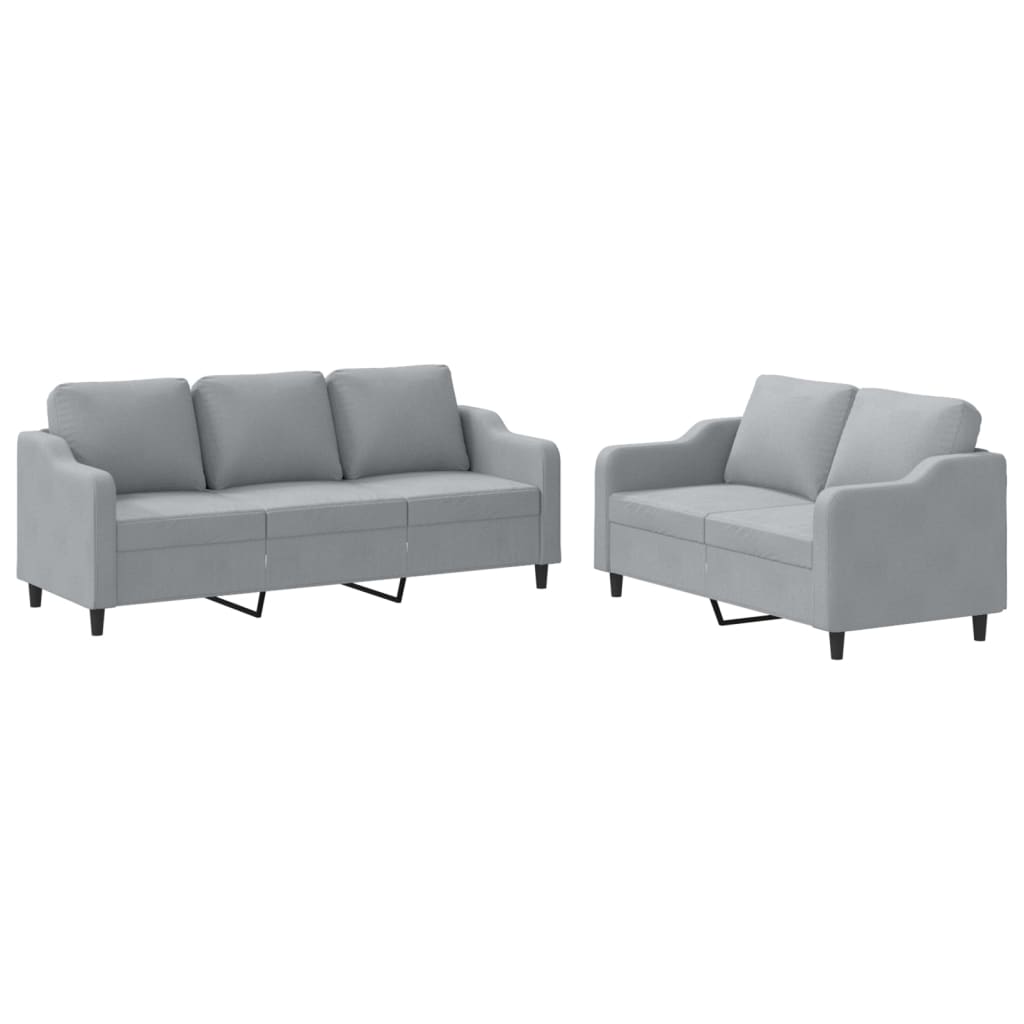 2 pcs. Sofa set with cushions in light gray fabric