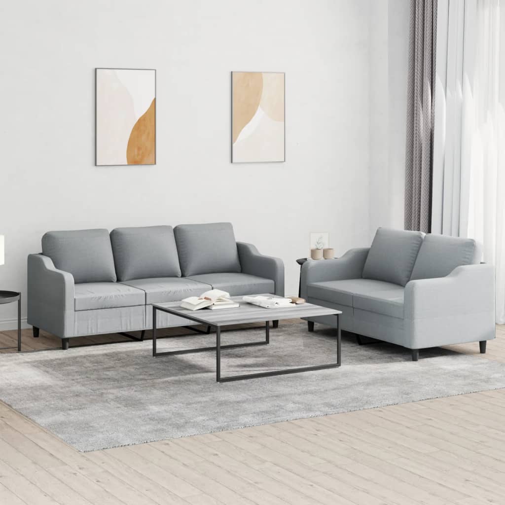 2 pcs. Sofa set with cushions in light gray fabric