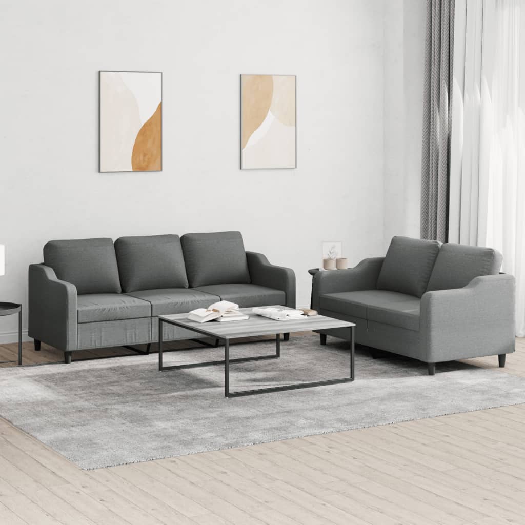 2 pcs. Sofa set with cushions in dark gray fabric