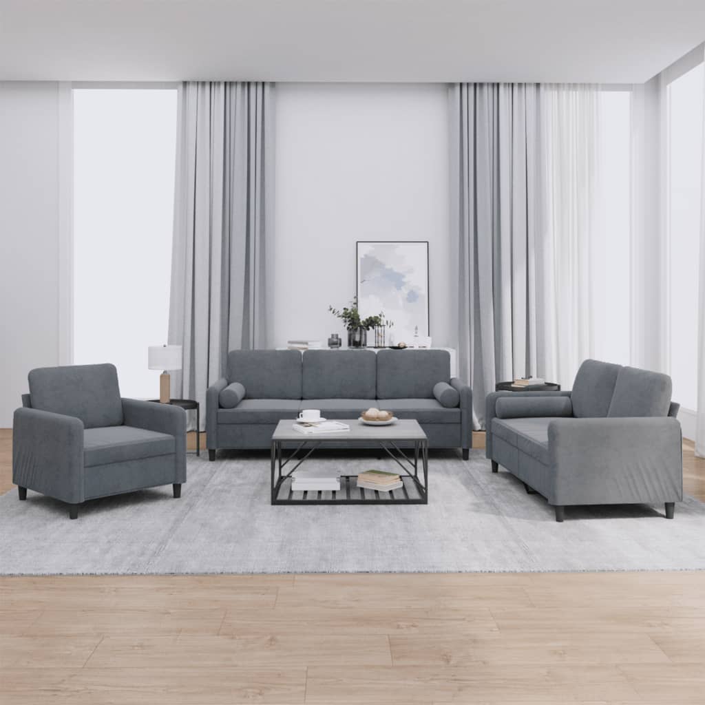3 pcs. Sofa set with cushions in dark gray velvet
