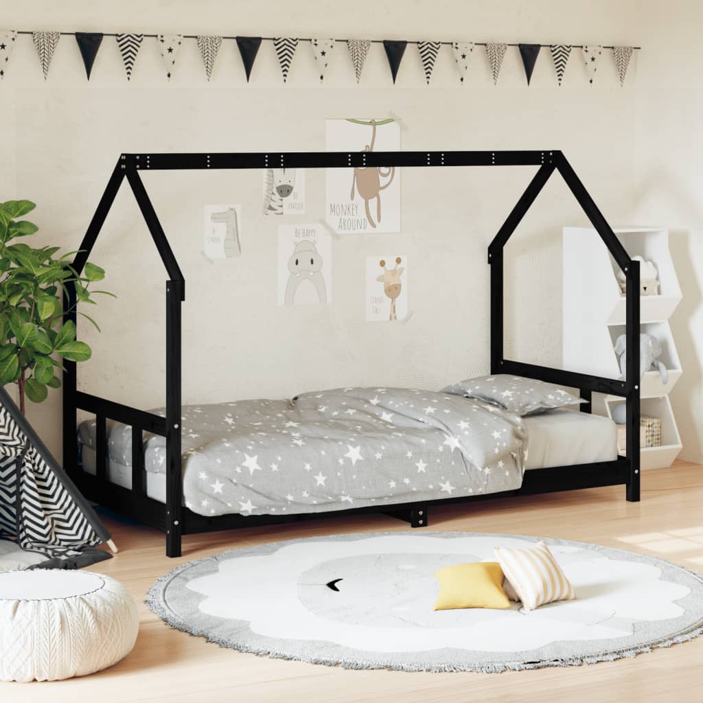 Children's bed black 90x200 cm solid pine wood