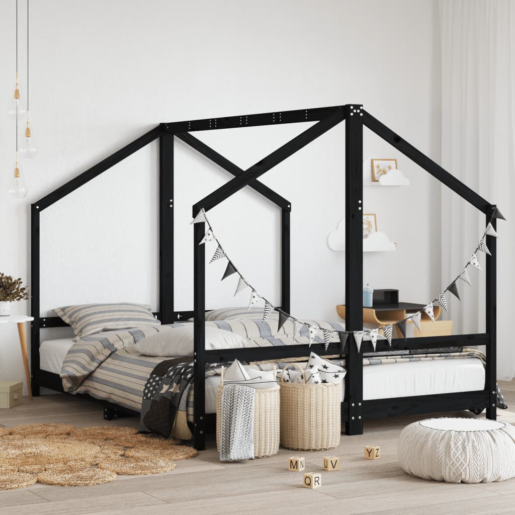Children's bed black 2x(80x200) cm solid pine wood