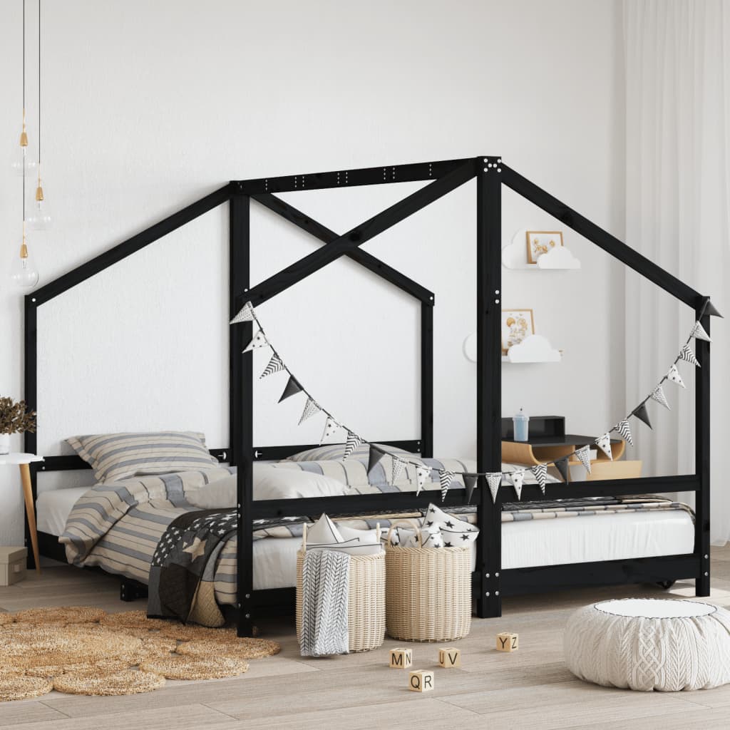 Children's bed black 2x(90x190) cm solid pine wood