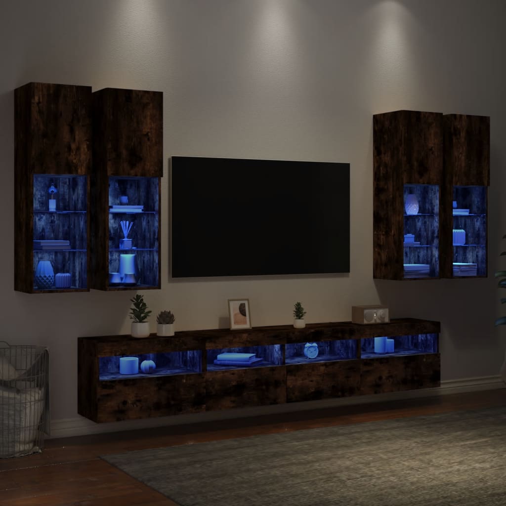 7-tlg. TV-Wohnwand mit LED-Leuchten Räuchereiche